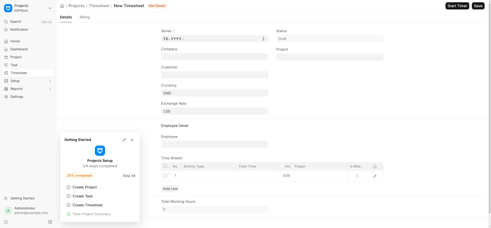 Form tạo Timesheet mới